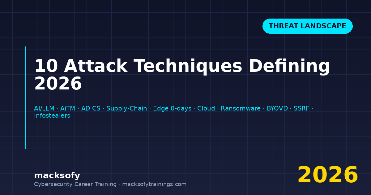 10 attack techniques defining cybersecurity in 2026 — AI/LLM exploitation, AiTM phishing, AD CS abuse, supply-chain, edge zero-days, cloud identity