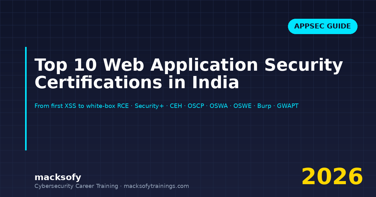 Top 10 web application security certifications in India 2026 — CompTIA Security+, CEH v13, OffSec OSCP, OSWA WEB-200 and OSWE WEB-300, Burp Suite Certified Practitioner, GIAC GWAPT, EC-Council CASE and ISC2 CSSLP
