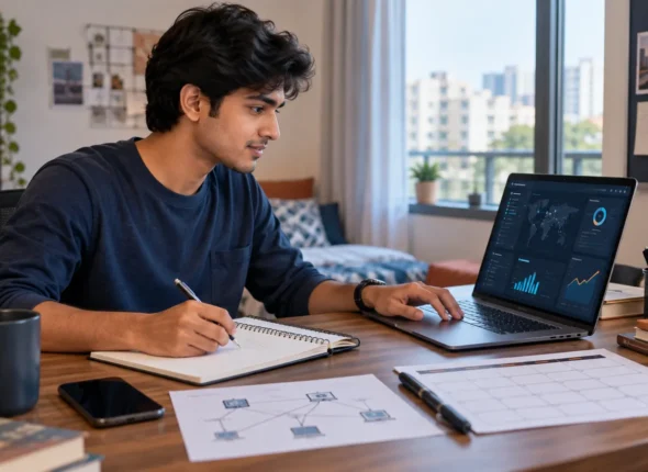 Learner planning a cyber security internship roadmap at a home study desk