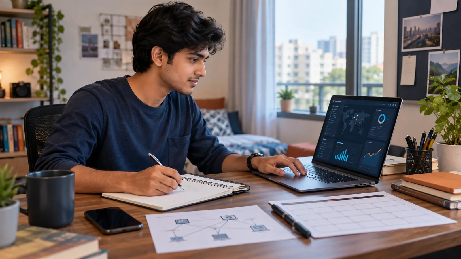 Learner planning a cyber security internship roadmap at a home study desk