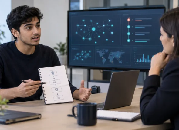 Candidate practising a SOC analyst interview beside a security monitoring dashboard