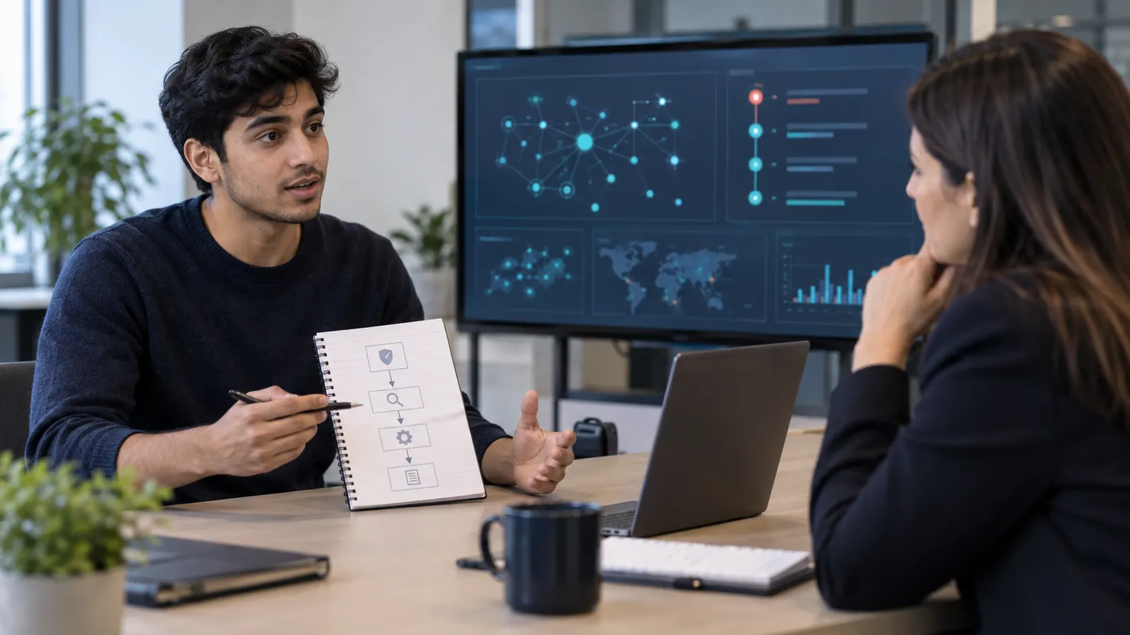 Candidate practising a SOC analyst interview beside a security monitoring dashboard